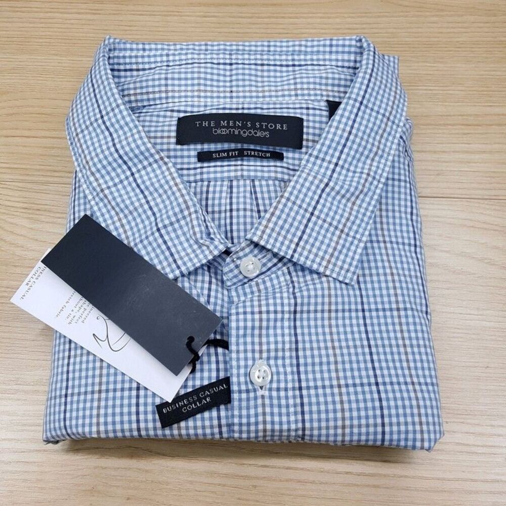 BLOOMINGDALES Shirt Mens XXL Blue Grid Check Button Up Slim Fit Workwear Plaid